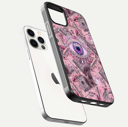 Money Eye Luxe Glass Case for iPhone 12 Pro floating dual-view mockup showing gloss surface and premium look