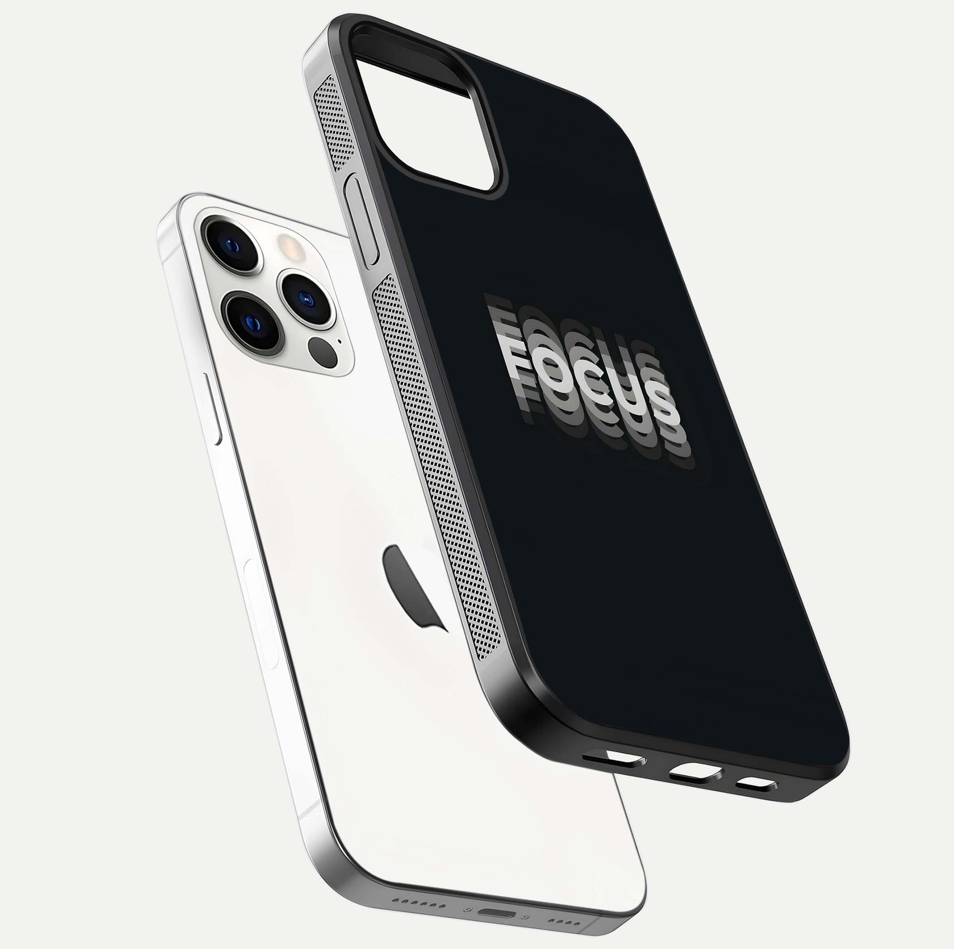 Mono Focus Vision Glass Case for iPhone 12 Mini floating dual-view mockup showing HD gloss and elegant simplicity
