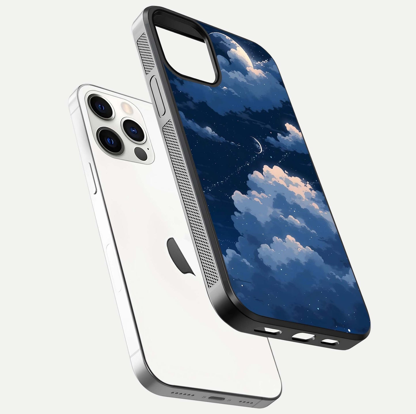 Moon Dream Haze Glass Case for iPhone 12 Pro floating dual-view mockup showing gloss texture and calm tones