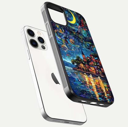 Moonlight Harbor Glow Glass Case for iPhone 12 Pro floating dual-view mockup showing gloss brightness and glow