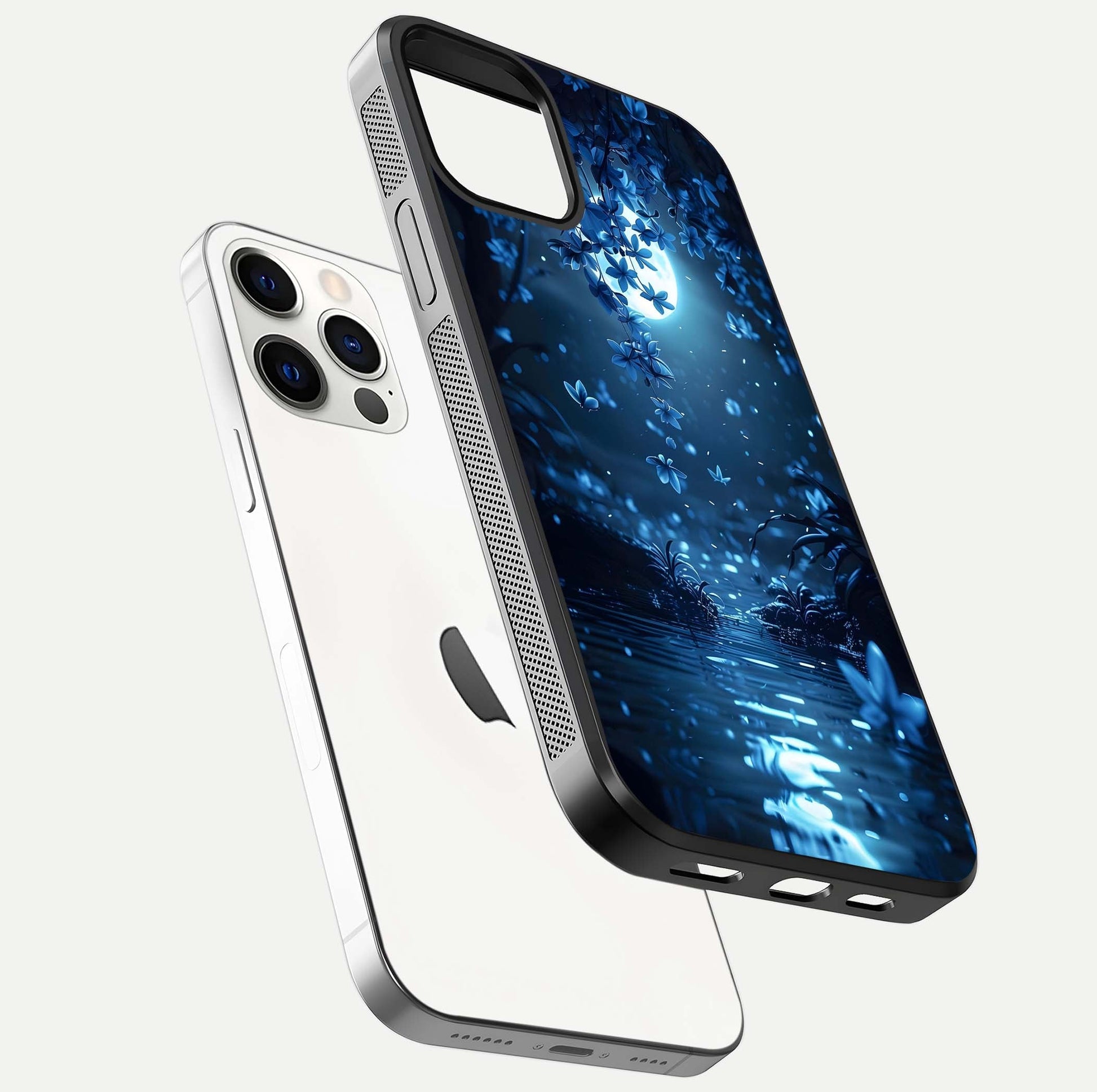 Moonlight Petal Dream Glass Case for iPhone 12 Pro floating dual-view mockup showing HD gloss and dreamy art