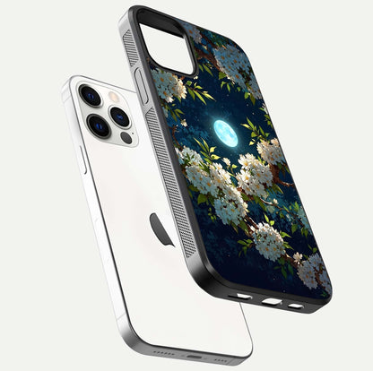 Moonlit Blossom Dream Glass Case for iPhone 12 Pro floating dual-view mockup showing gloss texture and floral tone