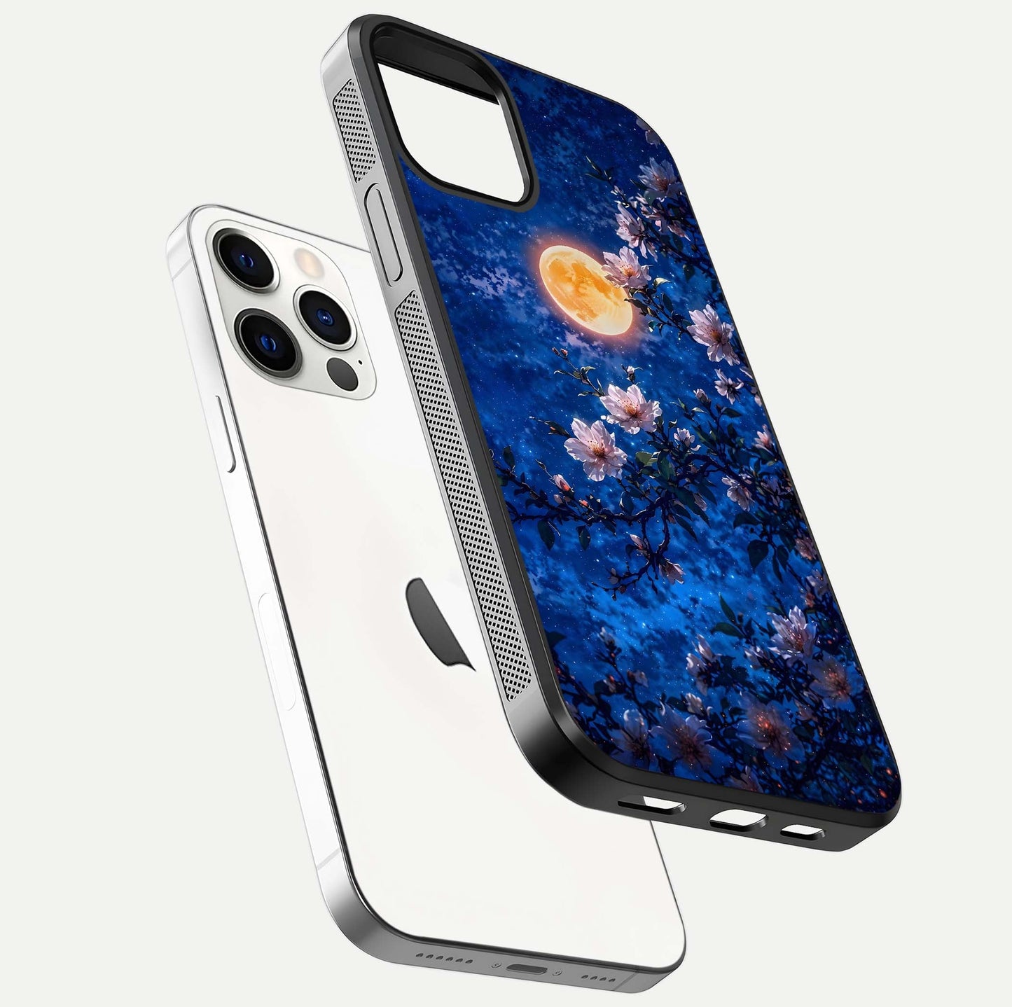 Moonlit Blossoms Night Glass Case for iPhone 12 Pro floating dual-view mockup showing HD gloss and floral contrast