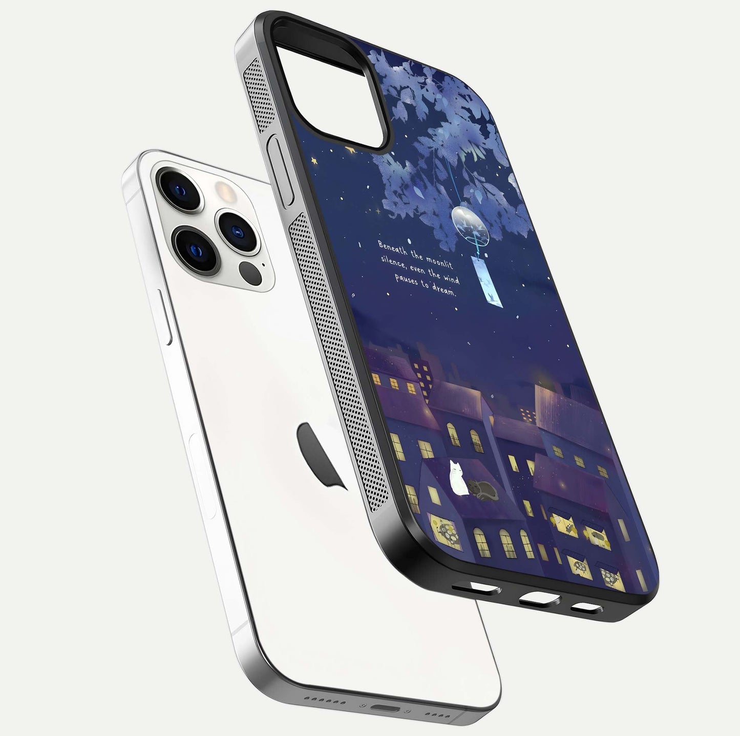 Moonlit Cat Silence Glass Case for iPhone 12 Pro floating dual-view mockup showing gloss reflection and moon art