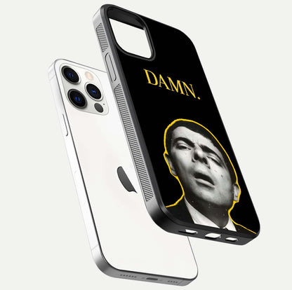 Mr Bean Damn Glass Case for iPhone 12 Pro floating dual-view mockup showing reflective gloss and vivid tones