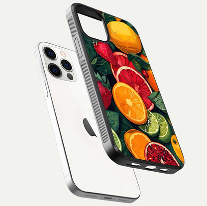 Multiple Fruits Glass Case for iPhone 12 Pro floating dual-view mockup showing reflection depth and freshness