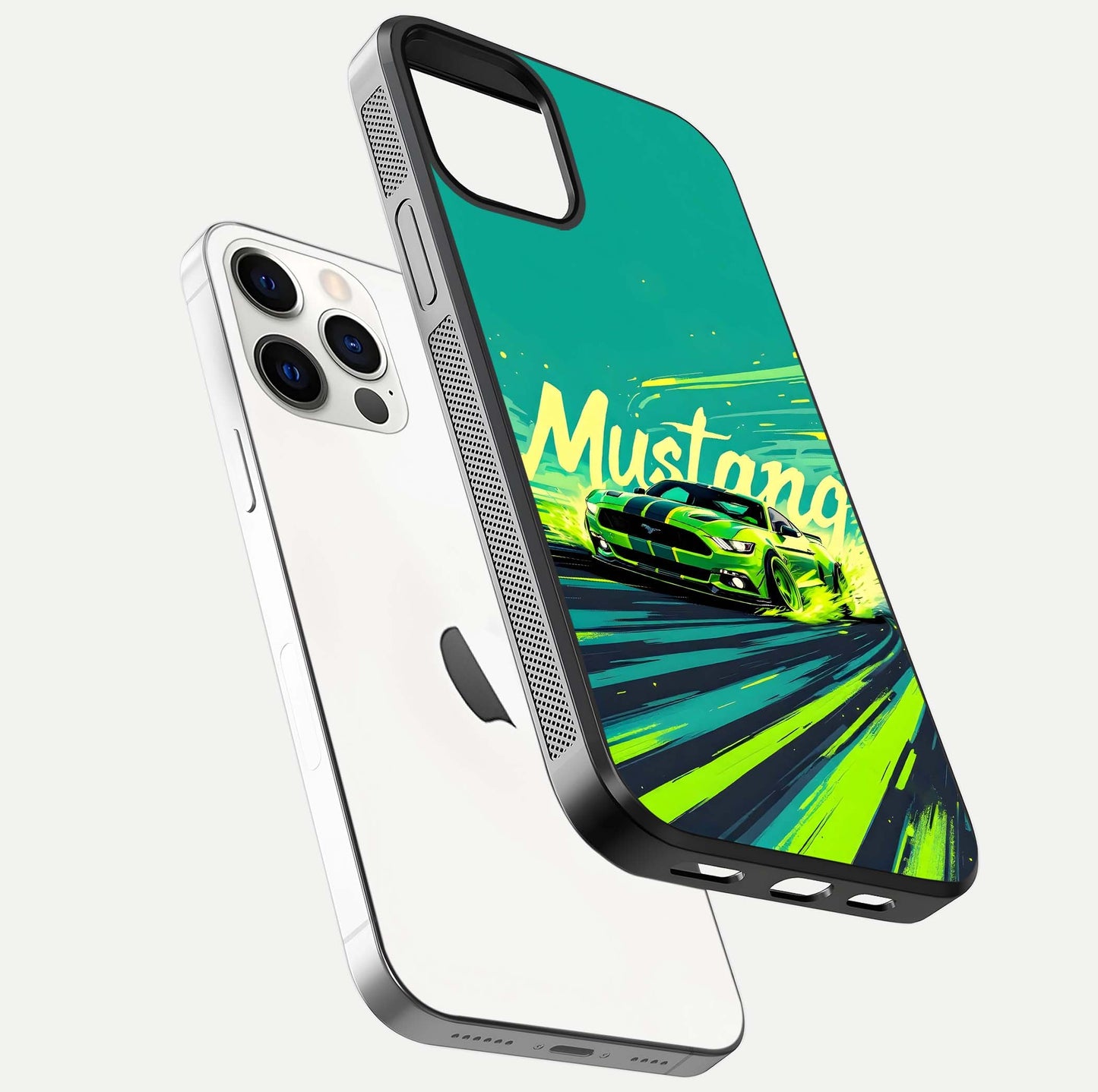 Mustang Bang Glass Case for iPhone 12 Pro floating dual-view mockup showing gloss depth and power design