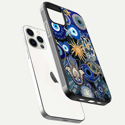 Mystic Blue Evil Eye Glass Case for iPhone 12 Pro floating dual-view mockup showing gloss depth and sacred symbol