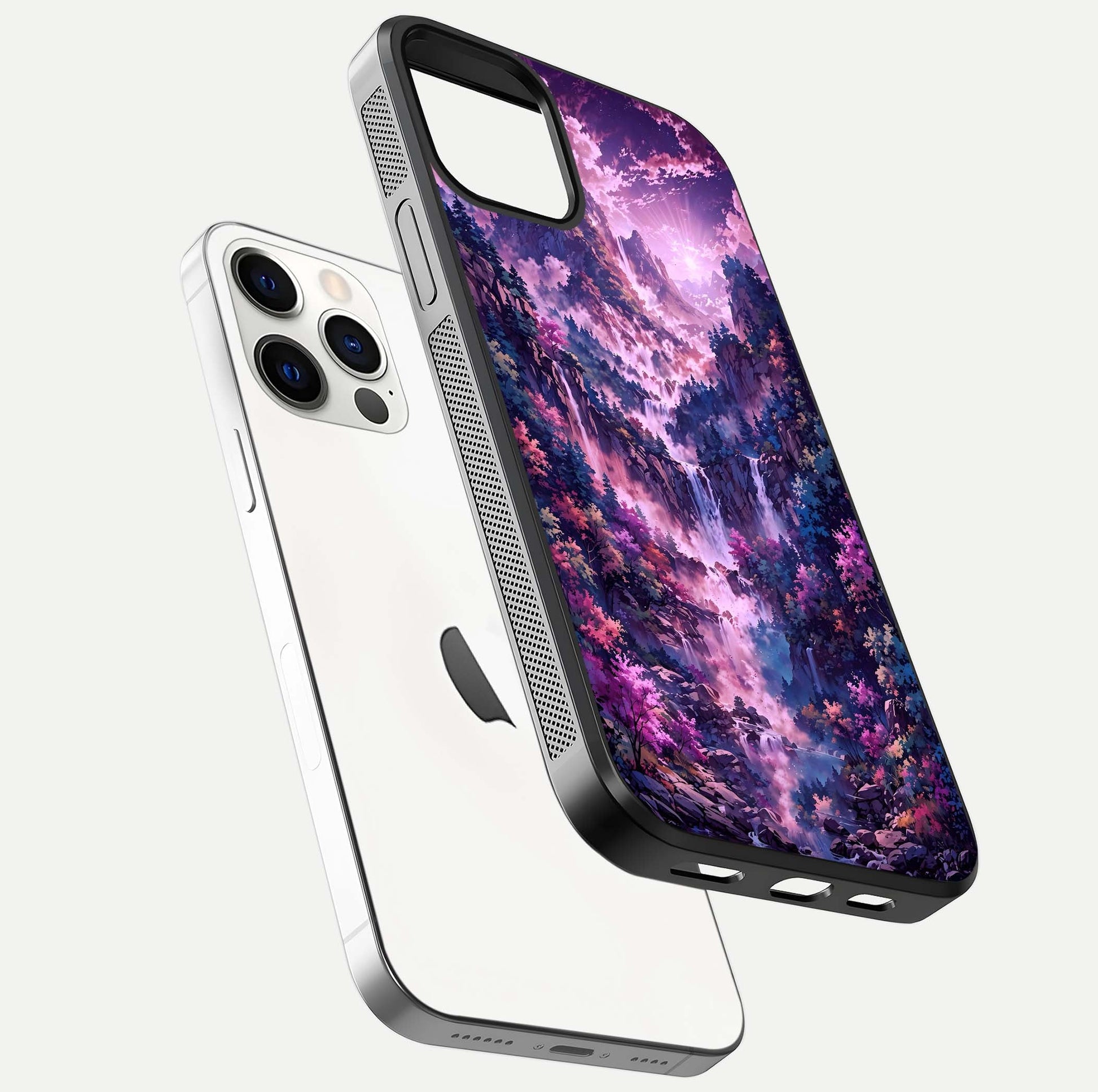 Mystic Cascade Peaks Glass Case for iPhone 12 Pro floating dual-view mockup showing gloss texture and depth
