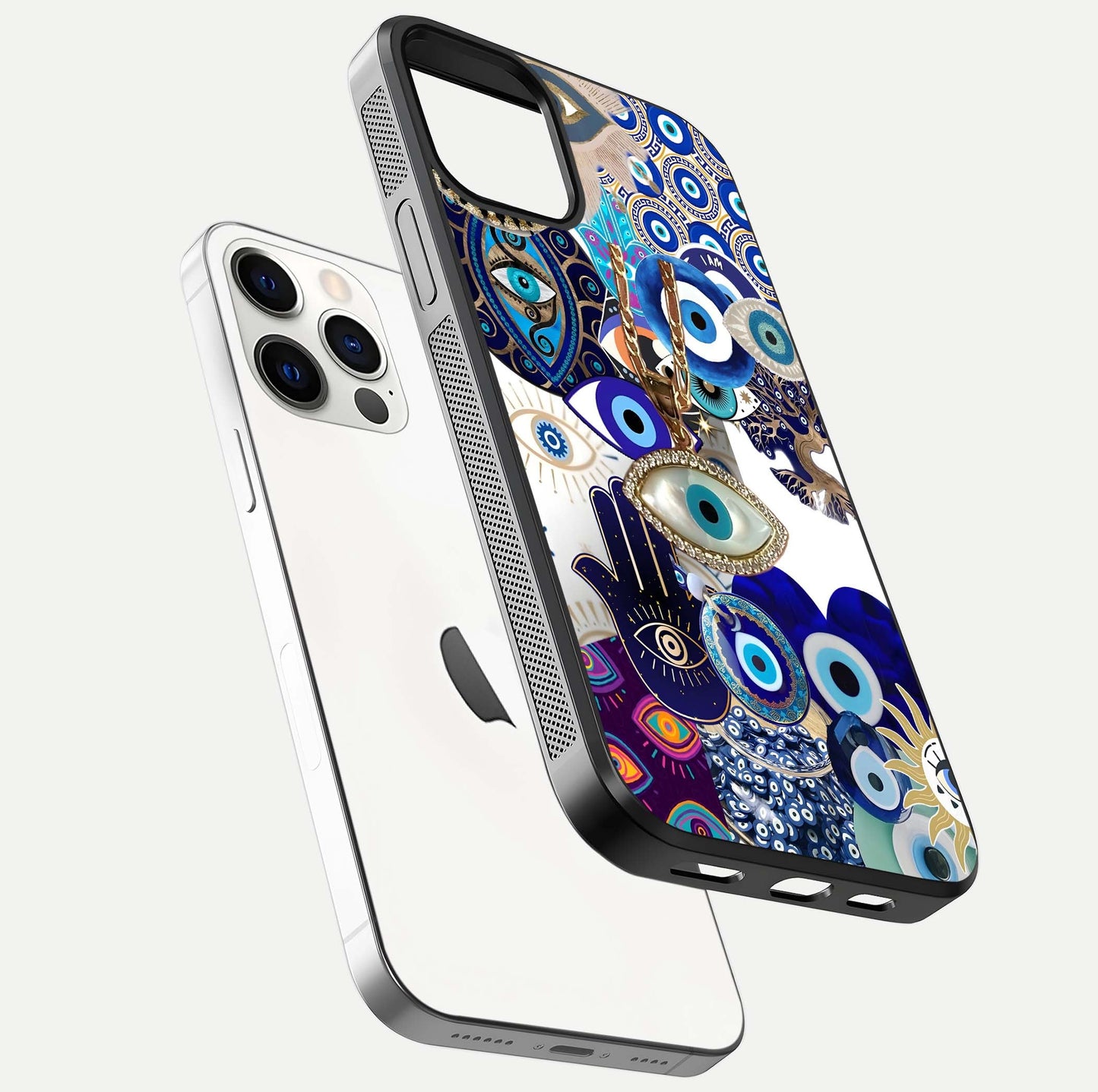 Mystic Charm Eye Glass Case for iPhone 12 Pro floating dual-view mockup showing gloss glow and charm symbol