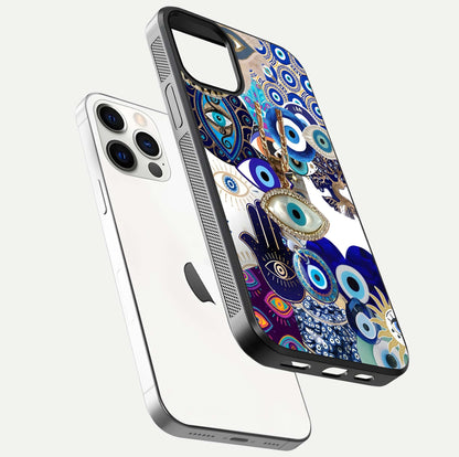 Mystic Charm Eye Glass Case for iPhone 12 Pro floating dual-view mockup showing gloss glow and charm symbol