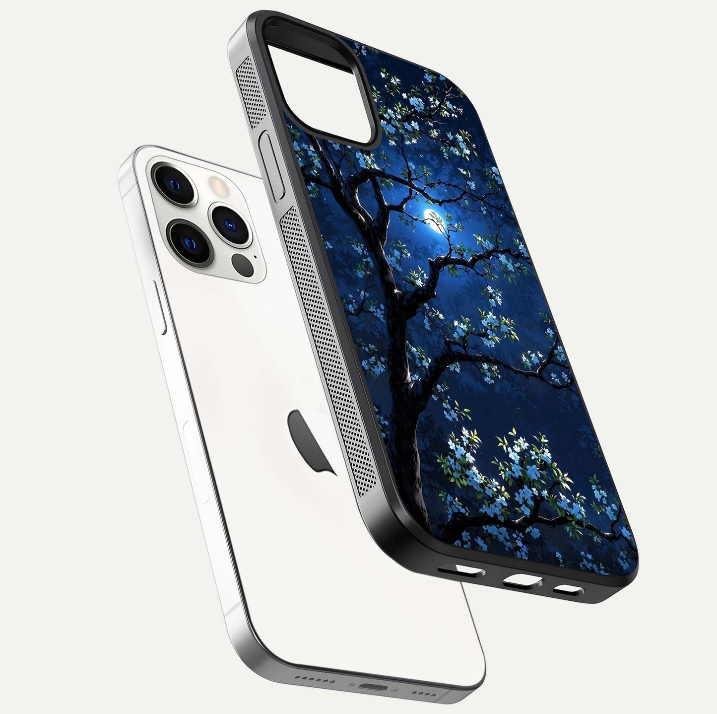 Mystic Floral Night Glass Case for iPhone 12 Pro floating dual-view mockup displaying shine and rich color depth