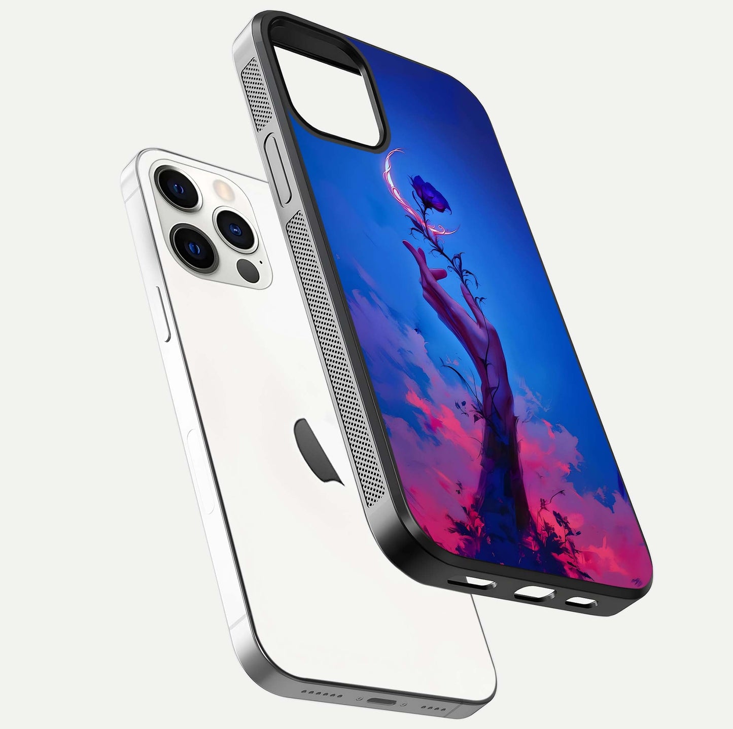 Mystic Hand Glass Case for iPhone 12 Pro floating dual-view mockup showing HD shine and fine palm detail