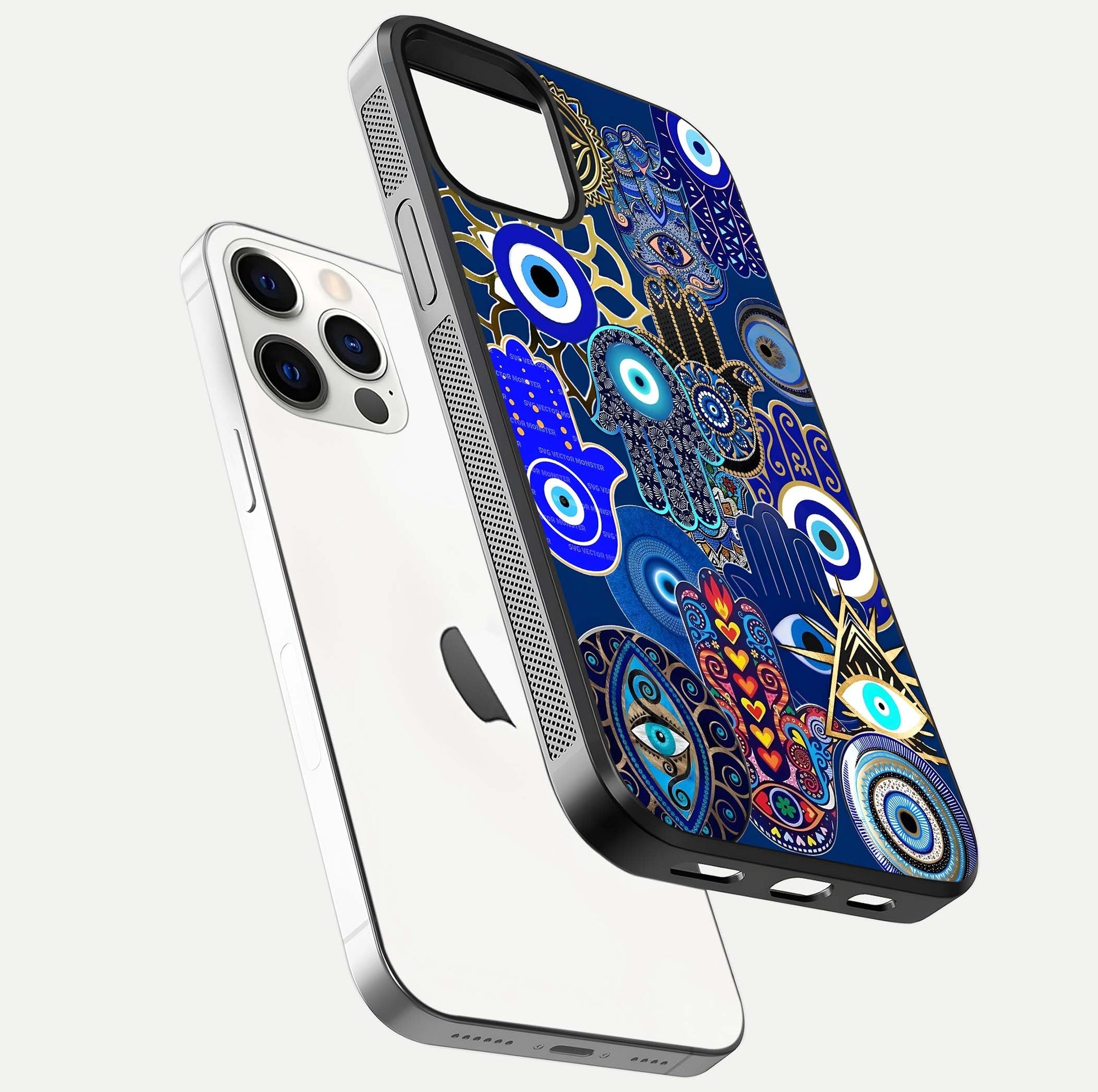Mystic Palm Guard Glass Case for iPhone 12 Pro floating dual-view mockup showing HD reflection and vivid tone