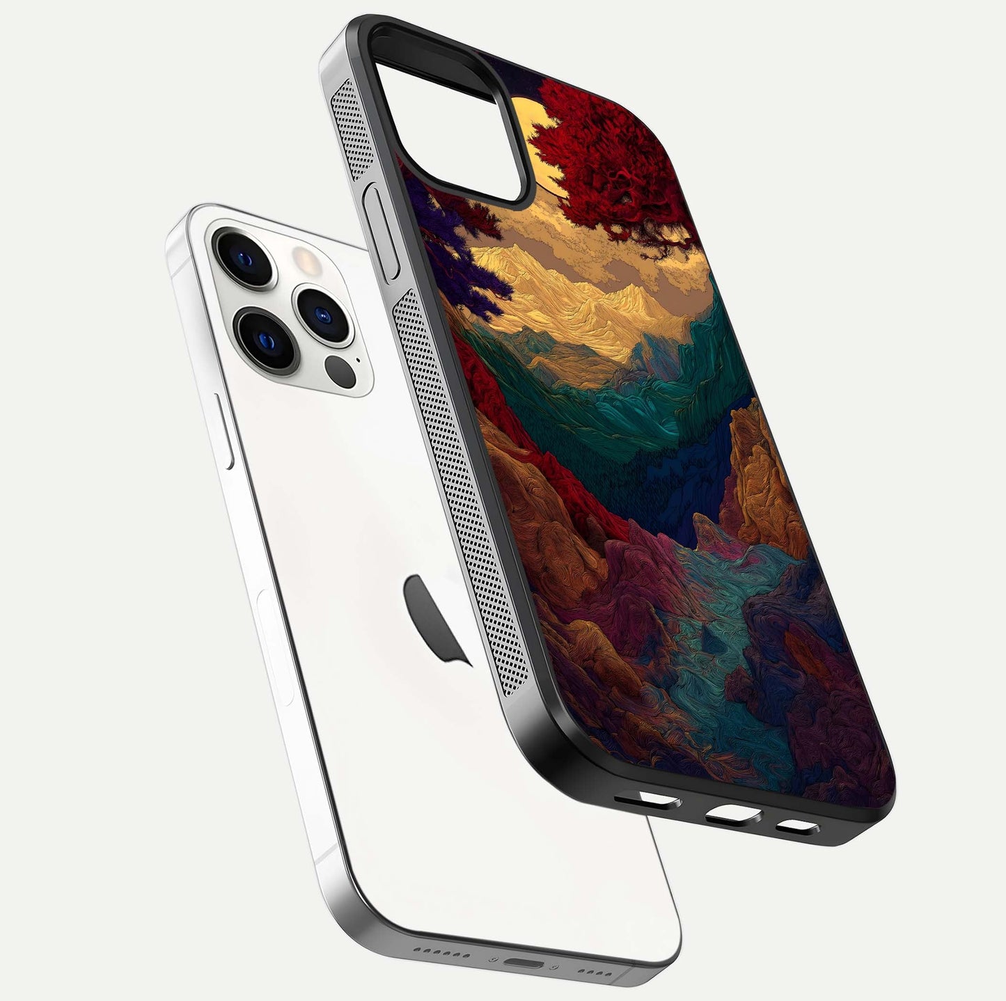 Mystic Valley Light Glass Case for iPhone 12 Pro floating dual-view mockup showing HD gloss and light blend