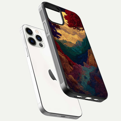 Mystic Valley Light Glass Case for iPhone 12 Pro floating dual-view mockup showing HD gloss and light blend