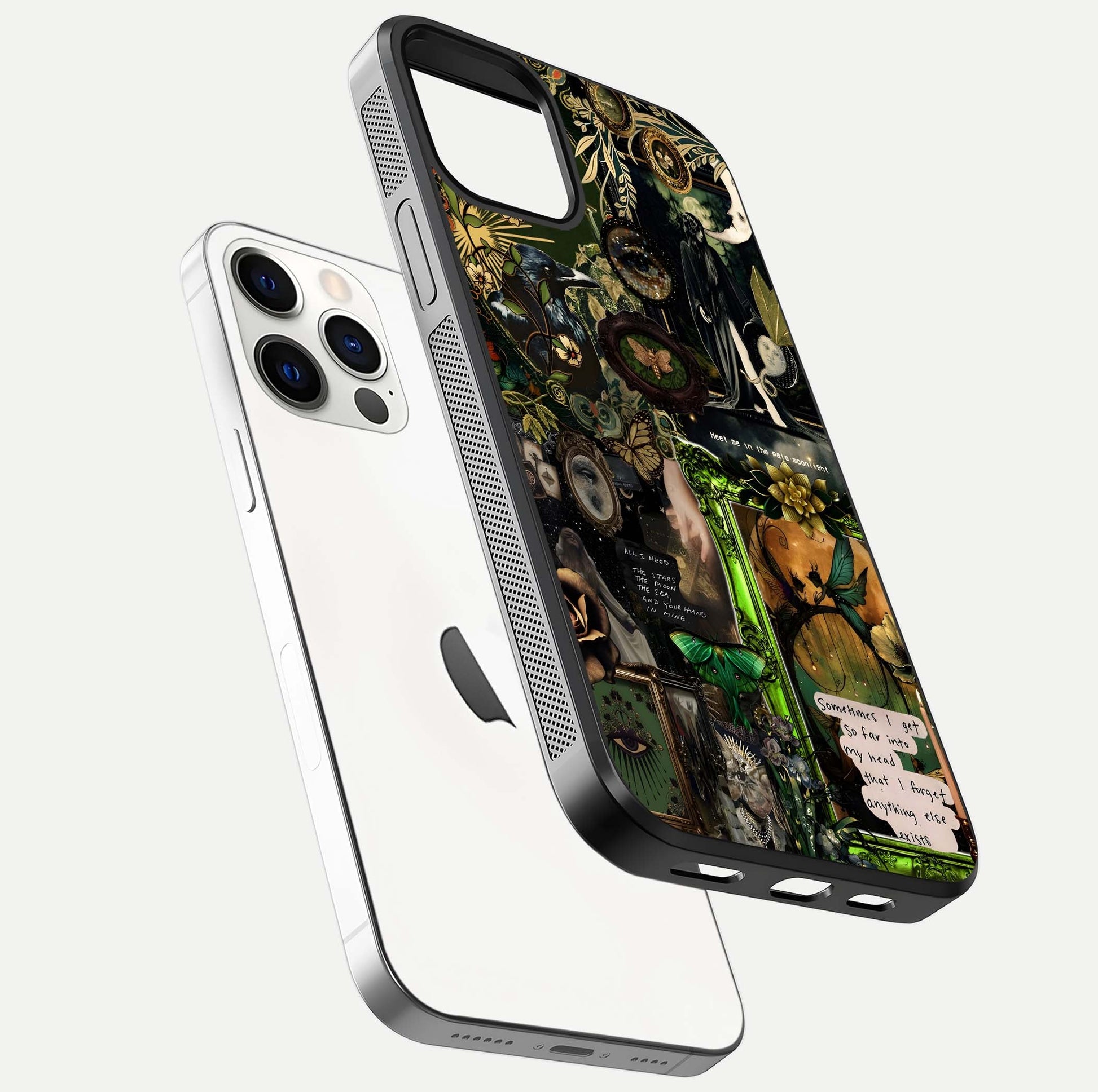 Mystic Woods Secret Glass Case for iPhone 12 Pro floating dual-view mockup showing HD shine and depth