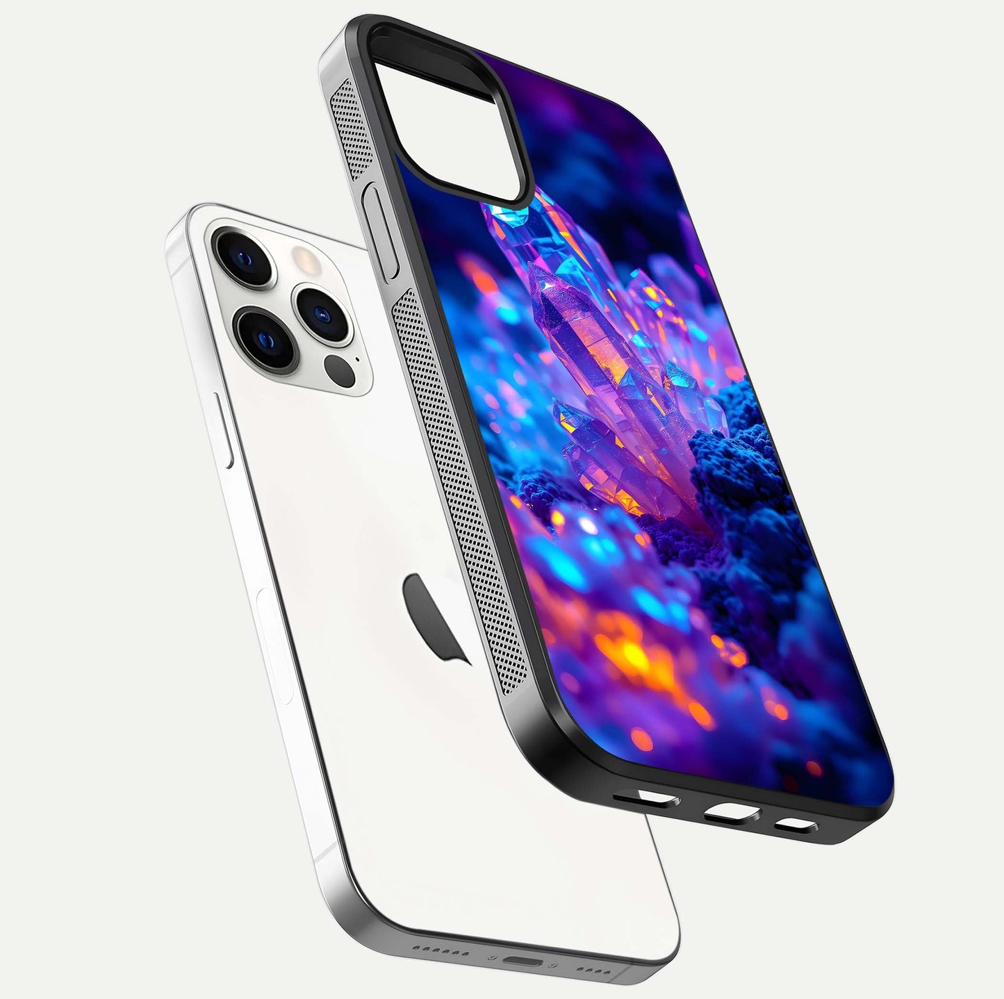Neon Aura Shards Glass Case for iPhone 12 Pro floating dual-view mockup showing HD shine and shard texture