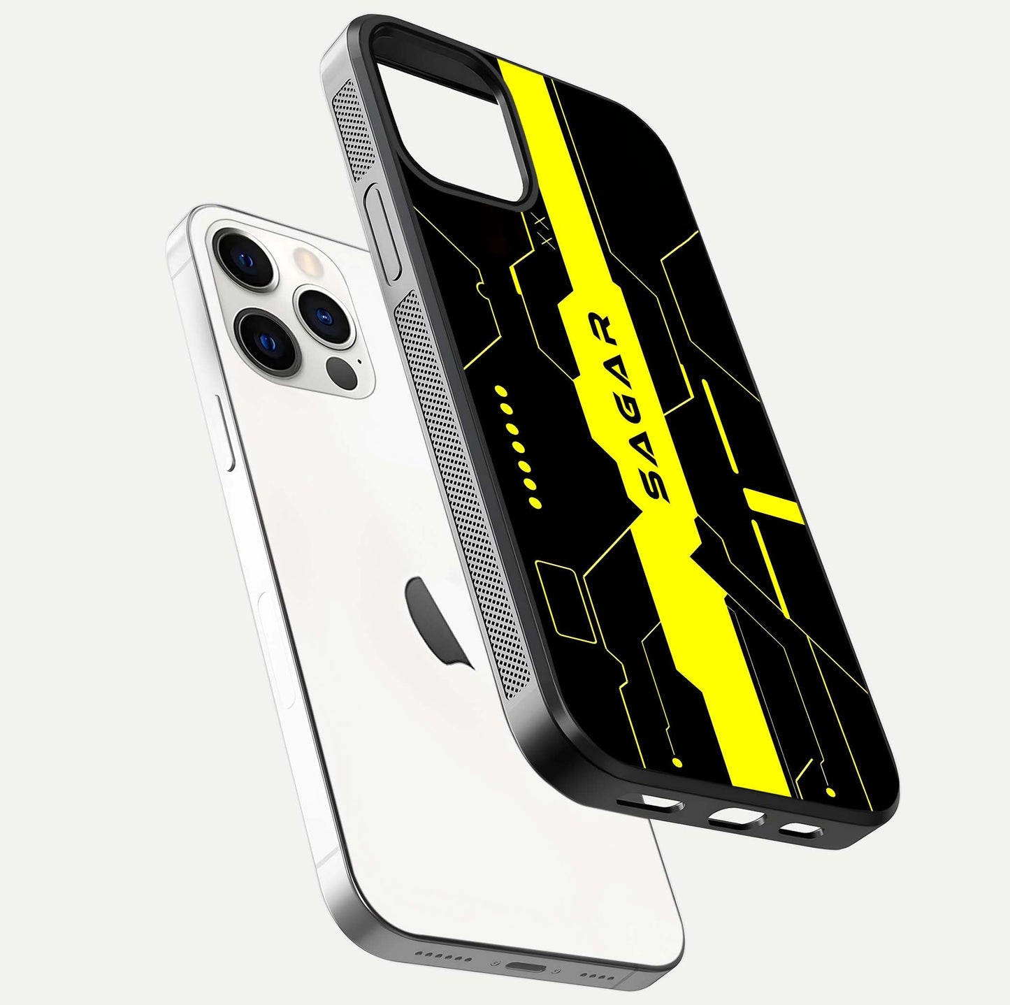 Neon CYBERPUNK Custom Name Glass Case for iPhone 12 Pro floating dual-view mockup showing HD shine and neon lines