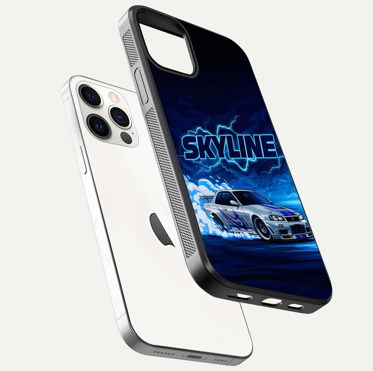 Neon Drift Beast Glass Case for iPhone 12 Pro floating dual-view mockup showing gloss texture and motion glow