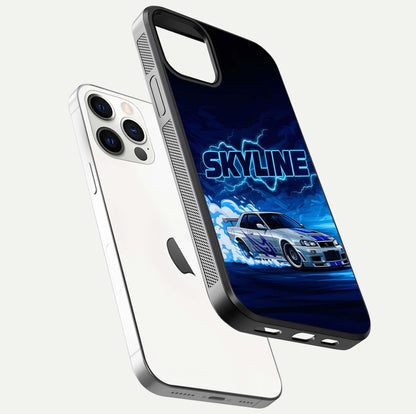 Neon Drift Beast Glass Case for iPhone 12 Pro floating dual-view mockup showing gloss texture and motion glow