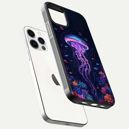 Neon Jellyfish Glass Case for iPhone 12 Pro floating dual-view mockup showing gloss texture and underwater glow