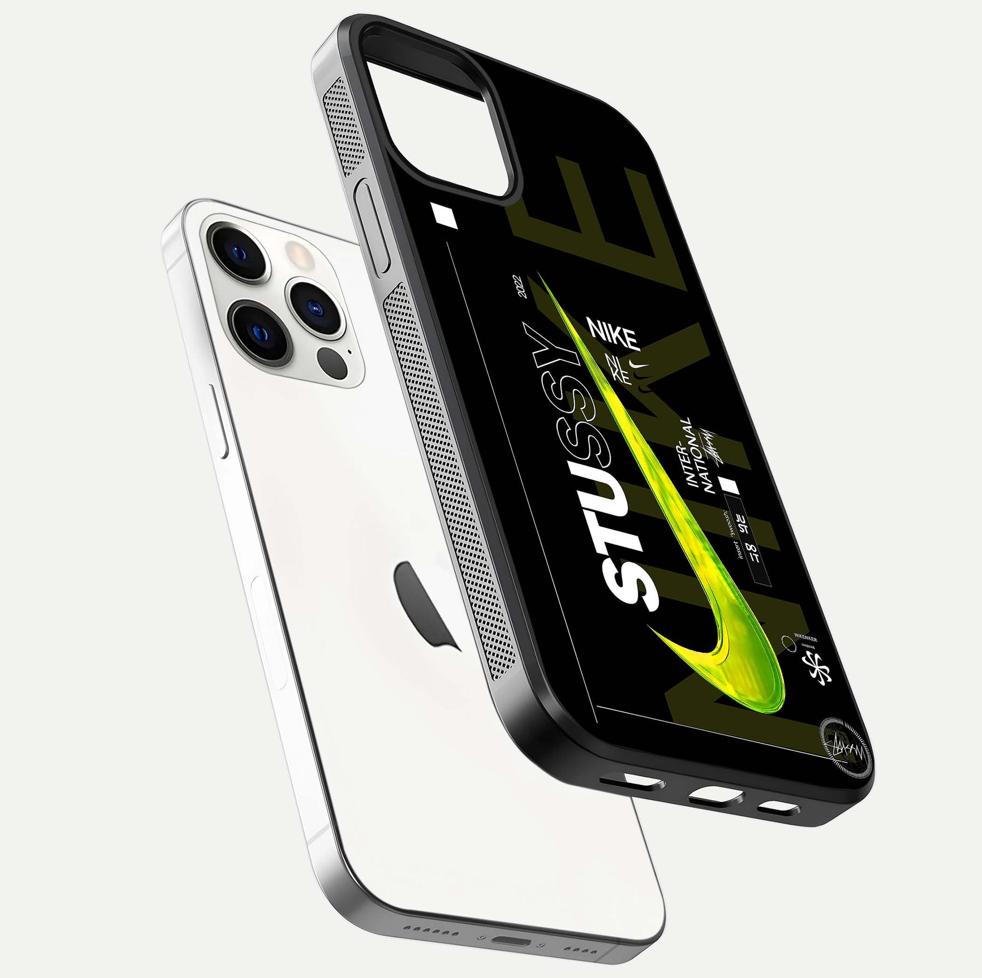 Neon Street Edition Glass Case for iPhone 12 Pro floating dual-view mockup showing HD gloss and neon glow