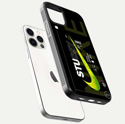 Neon Street Edition Glass Case for iPhone 12 Pro floating dual-view mockup showing HD gloss and neon glow