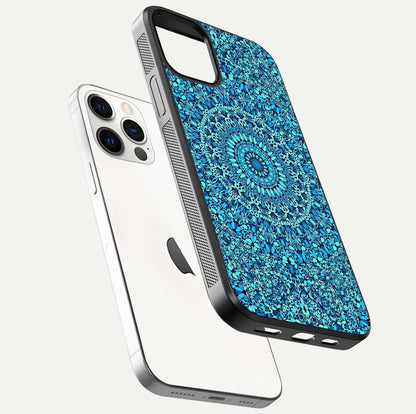 Ocean Bloom Mandala Glass Case for iPhone 12 Pro floating dual-view mockup showing gloss texture and print depth