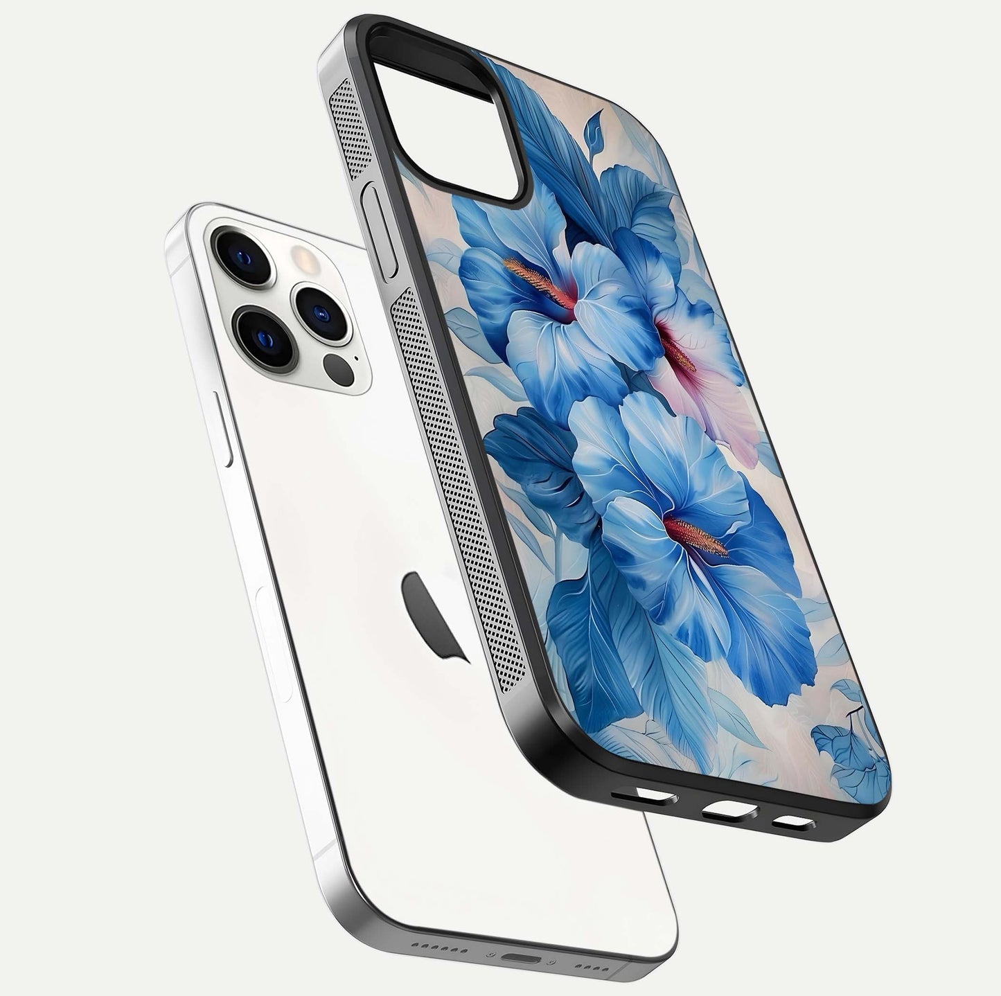 Ocean Hibiscus Grace Glass Case for iPhone 12 Pro floating dual-view mockup showing gloss reflection and print clarity