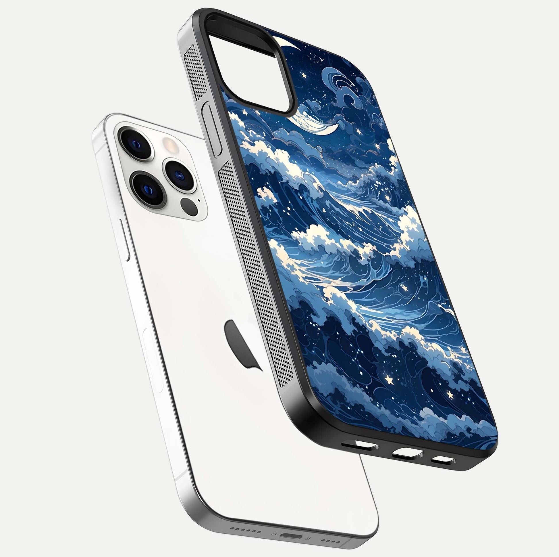 Ocean Moon Waves Glass Case for iPhone 12 Pro floating dual-view mockup showing gloss texture and moon glow