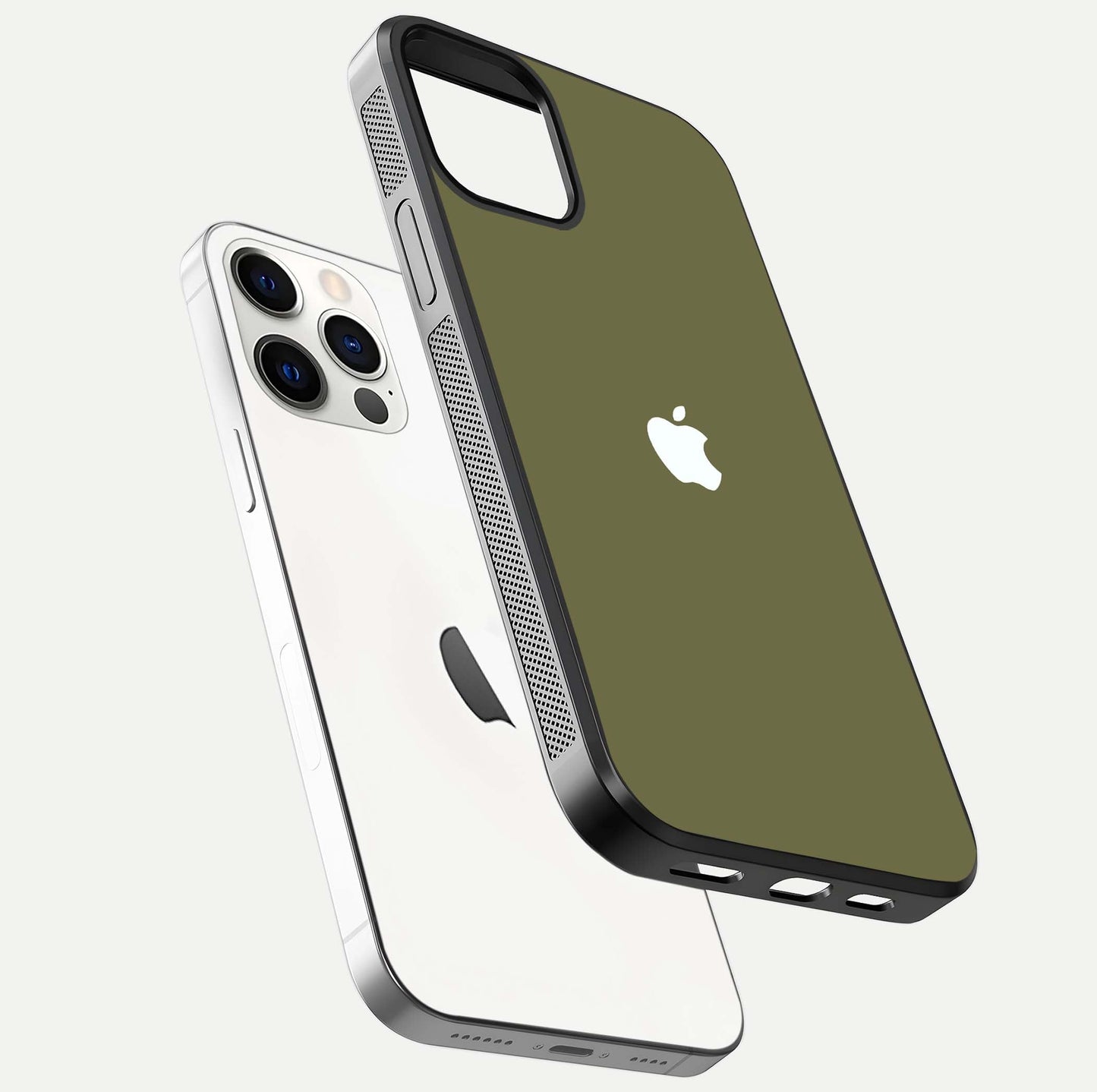 Olive Matte Essence Glass Case for iPhone 12 Mini floating dual-view mockup showing matte gloss and depth