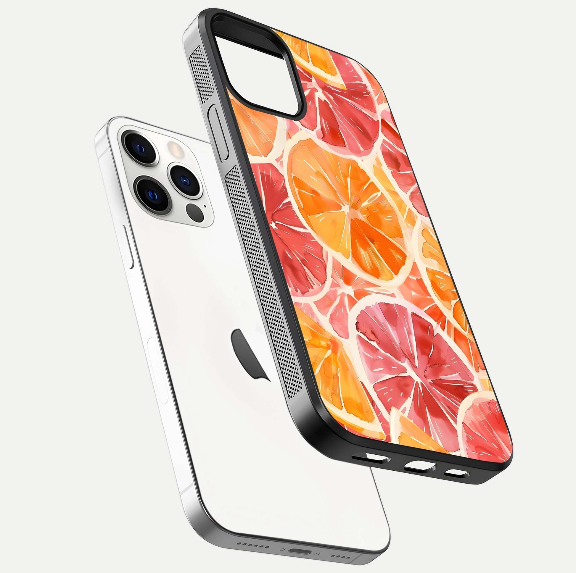 Orange Fruits Pattern Glass Case for iPhone 12 Pro floating dual-view mockup showing gloss reflection and HD tone