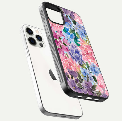 Pastel Floral Mix Glass Case for iPhone 12 Pro floating dual-view mockup showing HD gloss and floral texture