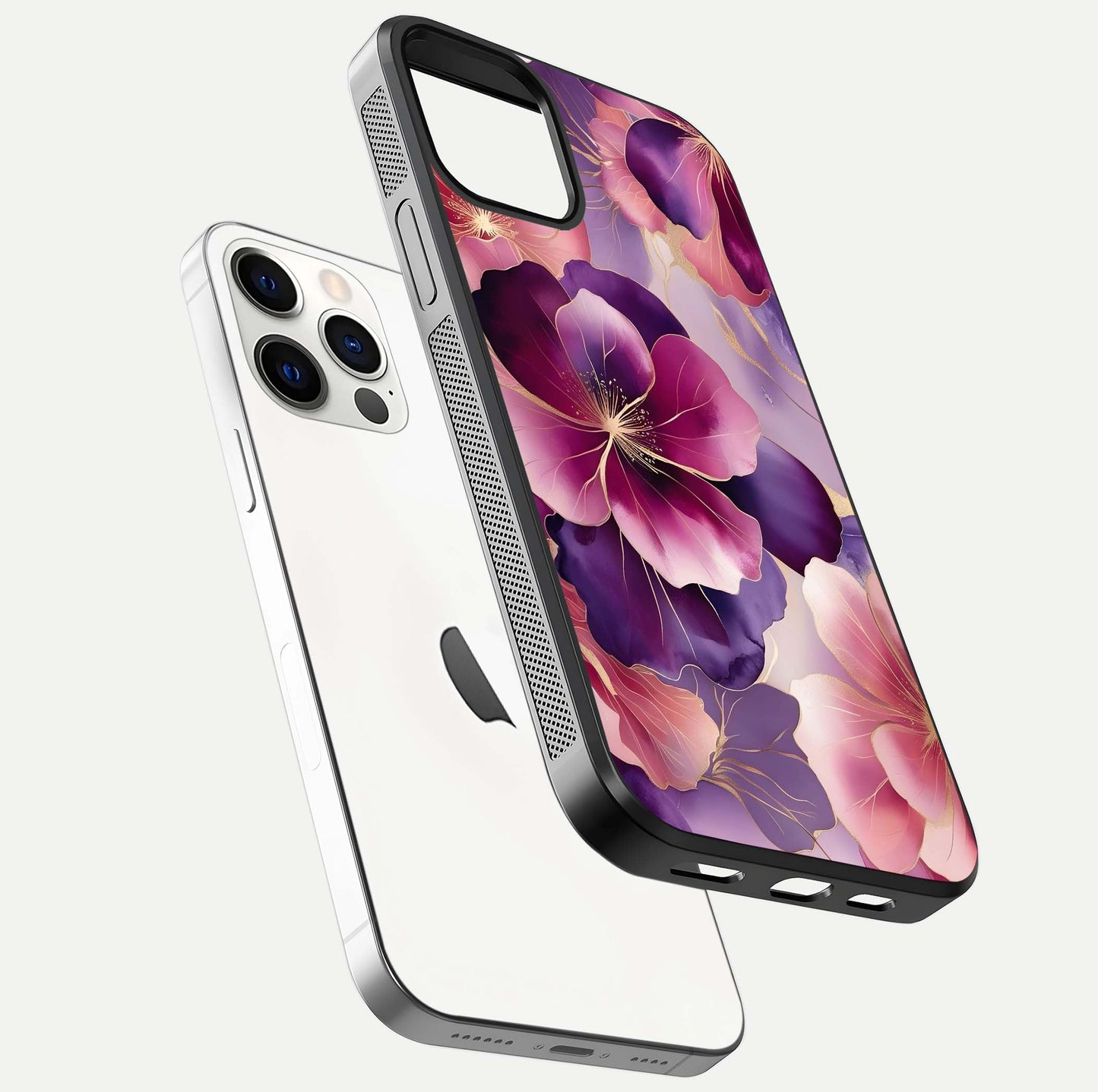 Pink Bouquet Florals Glass Case for iPhone 12 Pro floating dual-view mockup showing gloss surface and color depth