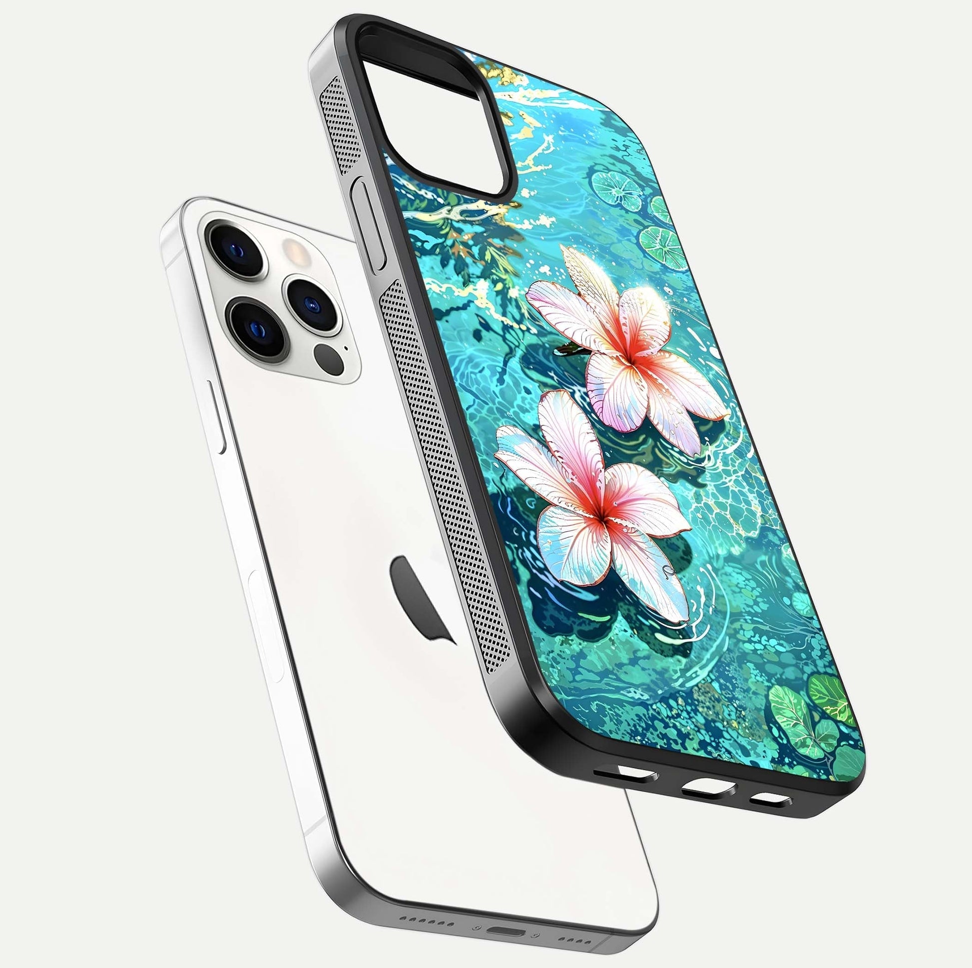 Pink Flowers in Water Glass Case for iPhone 12 Pro floating dual-view mockup showing gloss and floral clarity