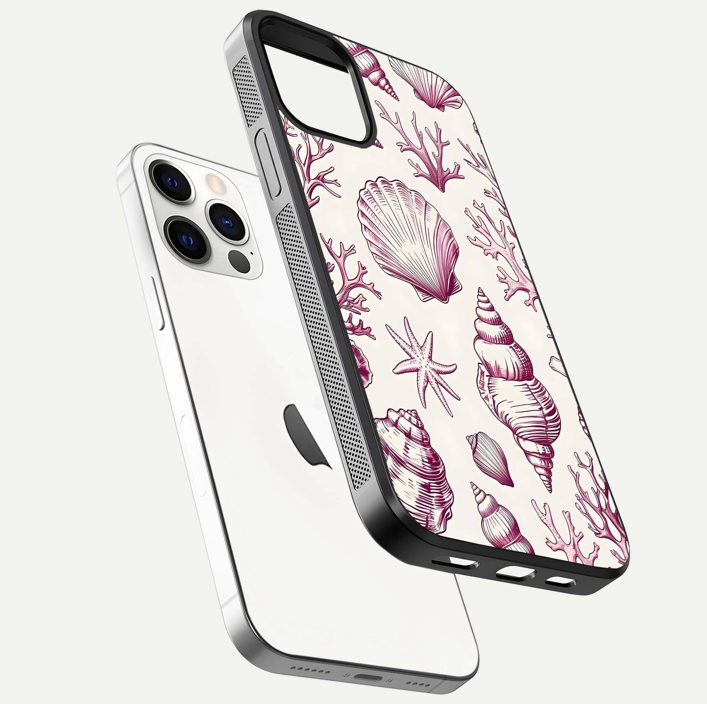 Pink Shells Outline Glass Case for iPhone 12 Pro floating dual-view mockup displaying gloss and ocean vibe