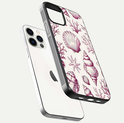 Pink Shells Outline Glass Case for iPhone 12 Pro floating dual-view mockup displaying gloss and ocean vibe