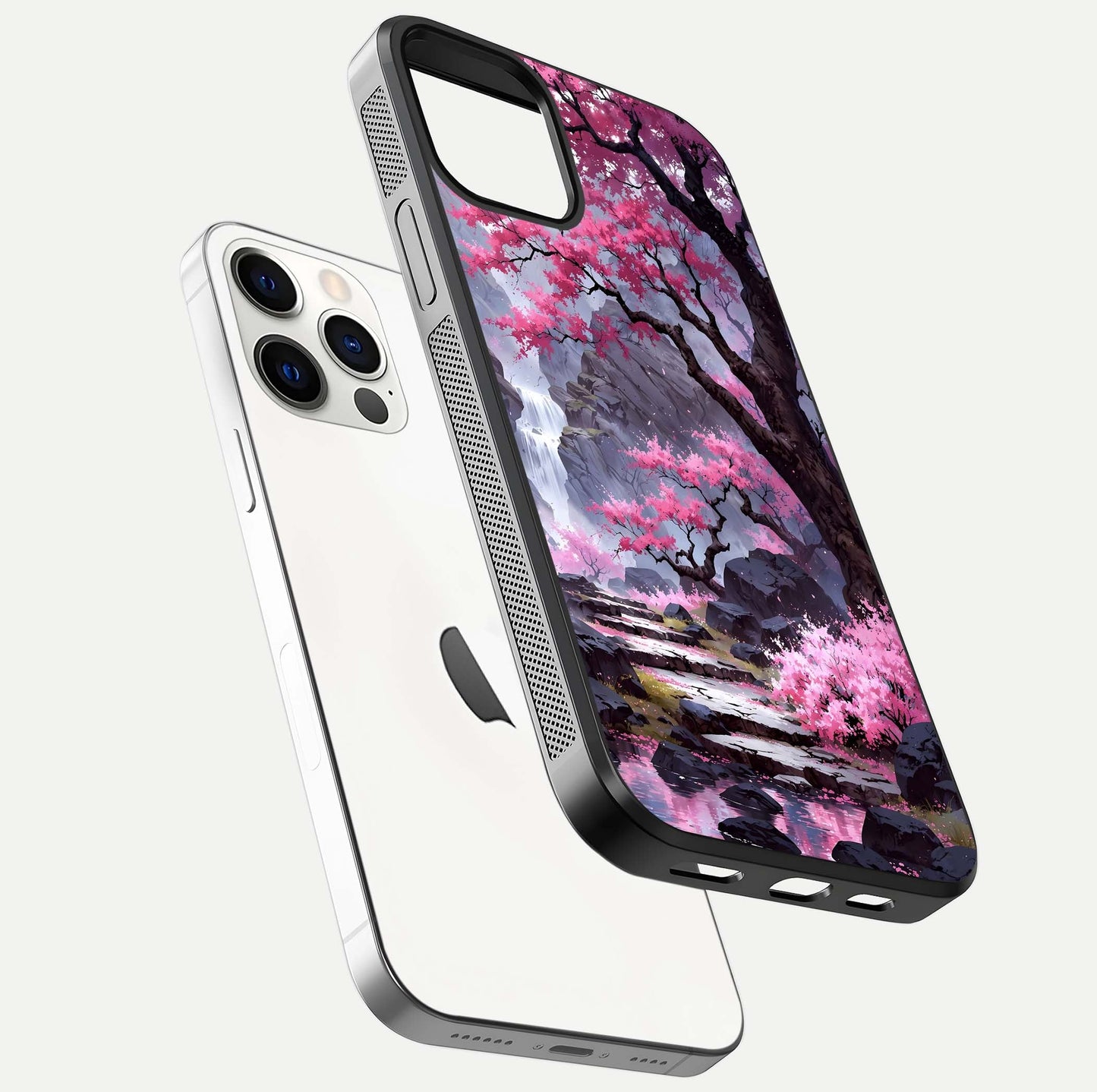 Pinkish Scenery Glass Case for iPhone 12 Pro floating dual-view mockup displaying gloss shine and artistic tone