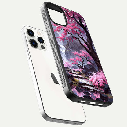 Pinkish Scenery Glass Case for iPhone 12 Pro floating dual-view mockup displaying gloss shine and artistic tone