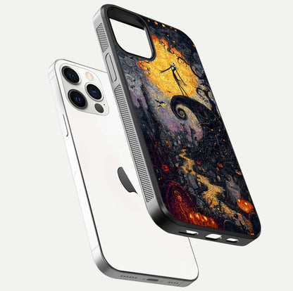 Pumpkin Moon Night Glass Case for iPhone 12 Pro floating dual-view mockup showing HD gloss and spooky detail