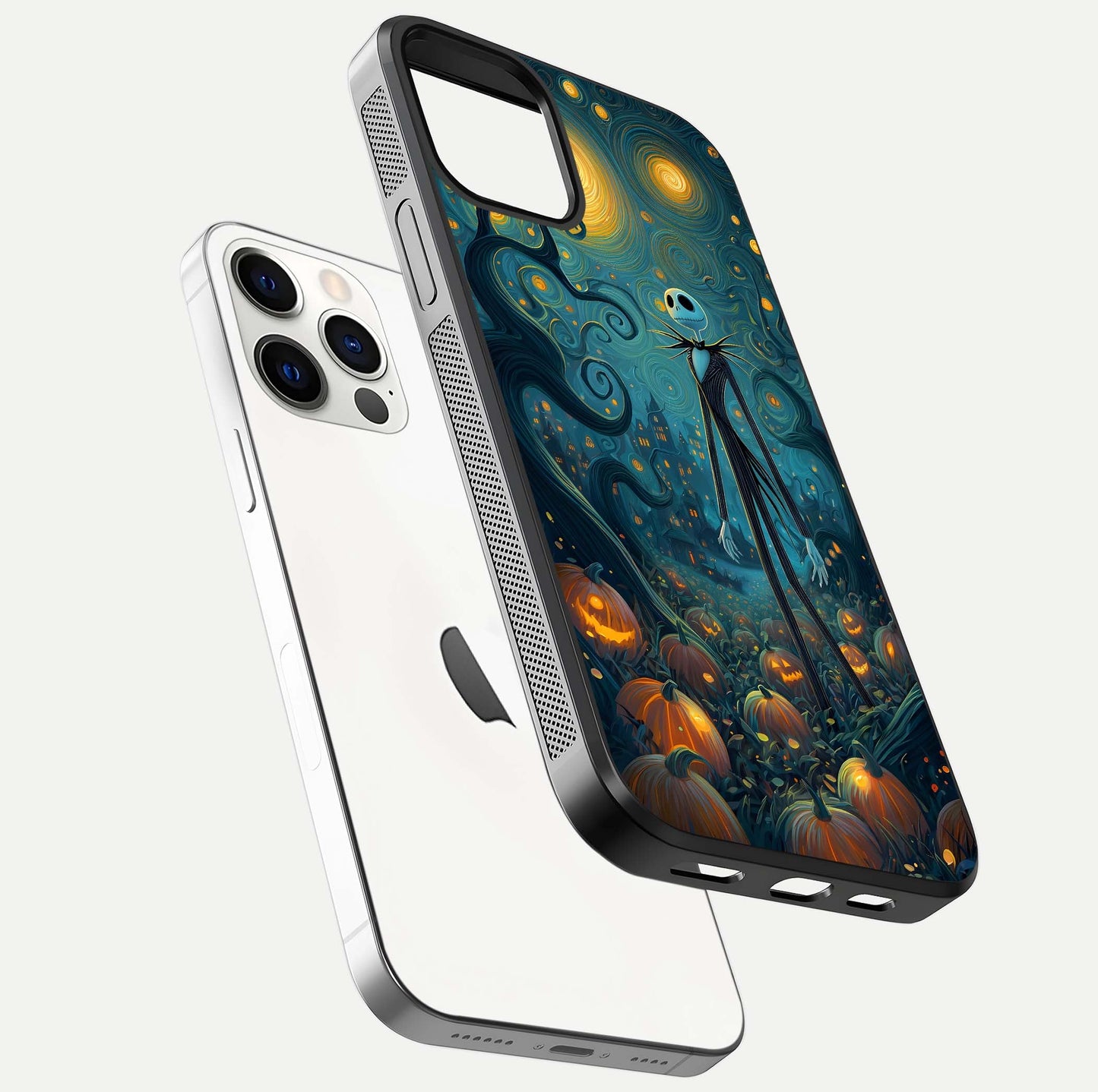 Pumpkin Moonlight Tale Glass Case for iPhone 12 Pro floating dual-view mockup showing HD gloss and eerie design