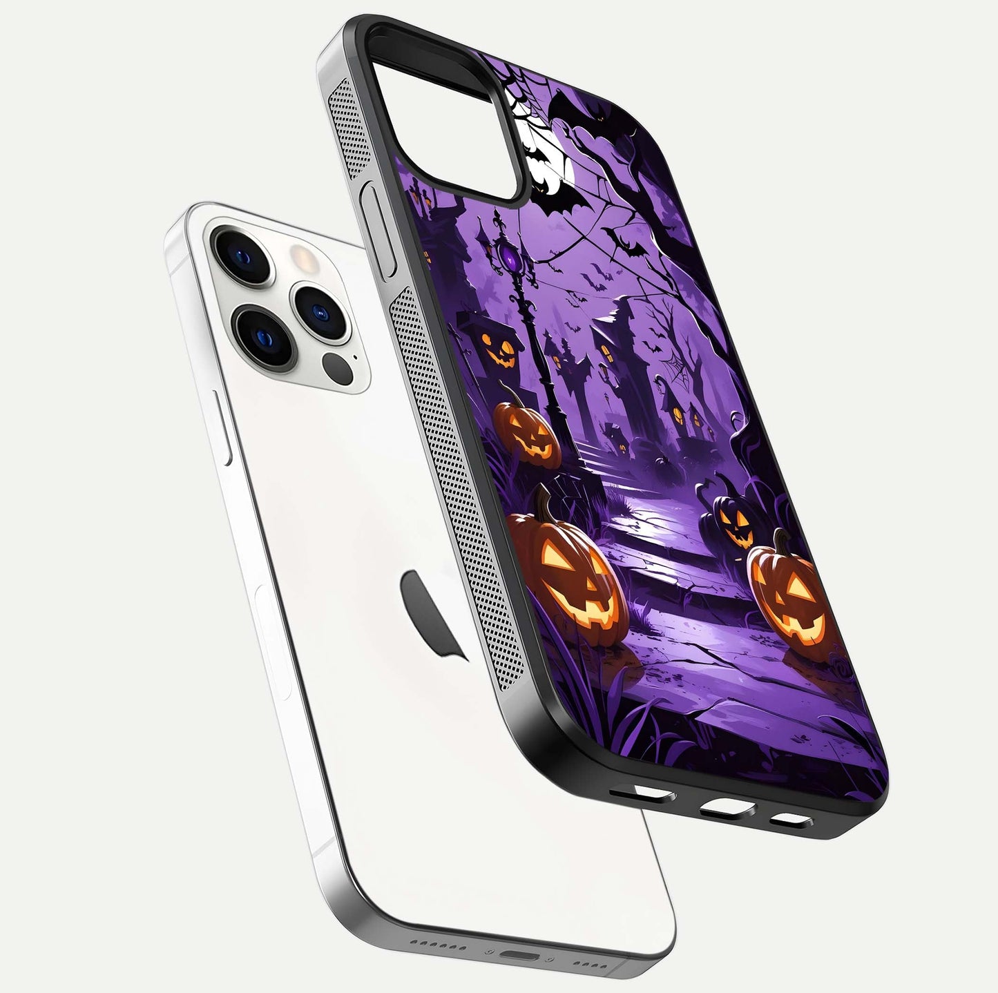 Pumpkin Patch Halloween Glass Case for iPhone 12 Pro floating dual-view mockup displaying gloss and dark tone