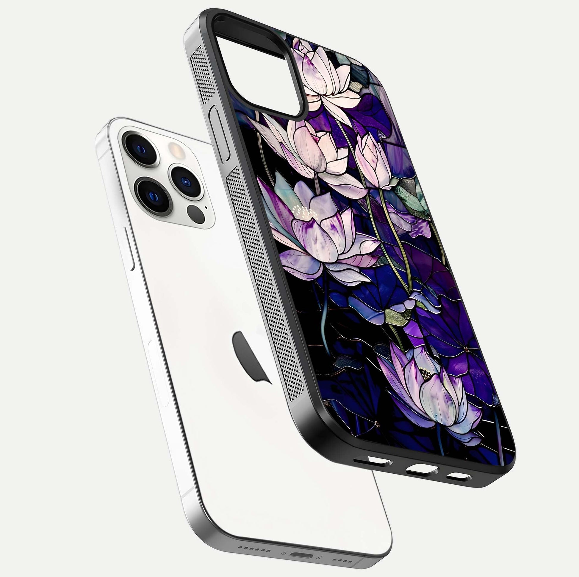 Purple Lotus Pattern Glass Case for iPhone 12 Pro floating dual-view mockup showing glass shine and vivid purple hue