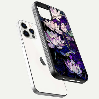 Purple Lotus Pattern Glass Case for iPhone 12 Pro floating dual-view mockup showing glass shine and vivid purple hue
