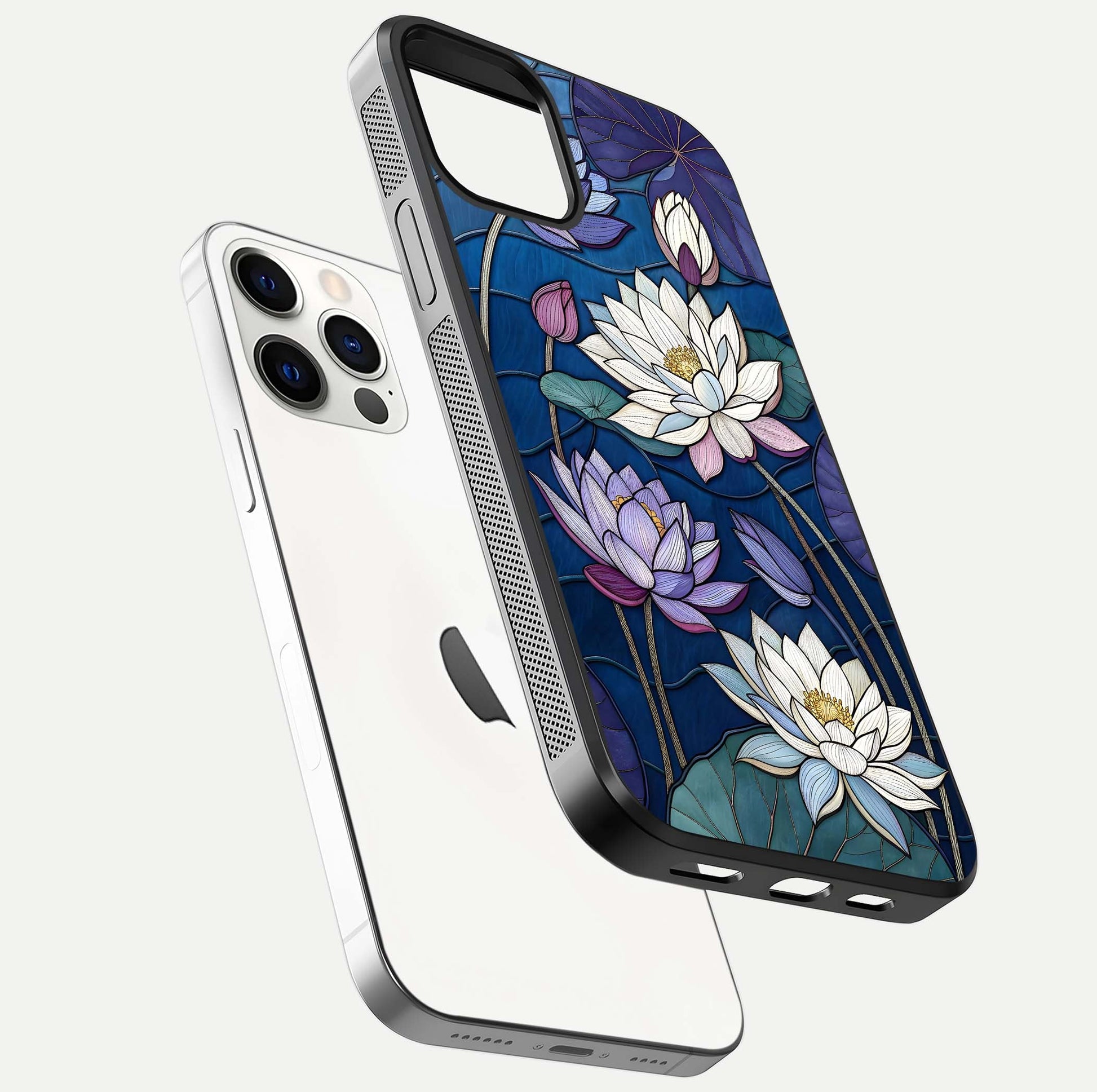 Purple Lotus Stained Glass Case for iPhone 12 Pro floating dual-view mockup displaying color depth and glass clarity