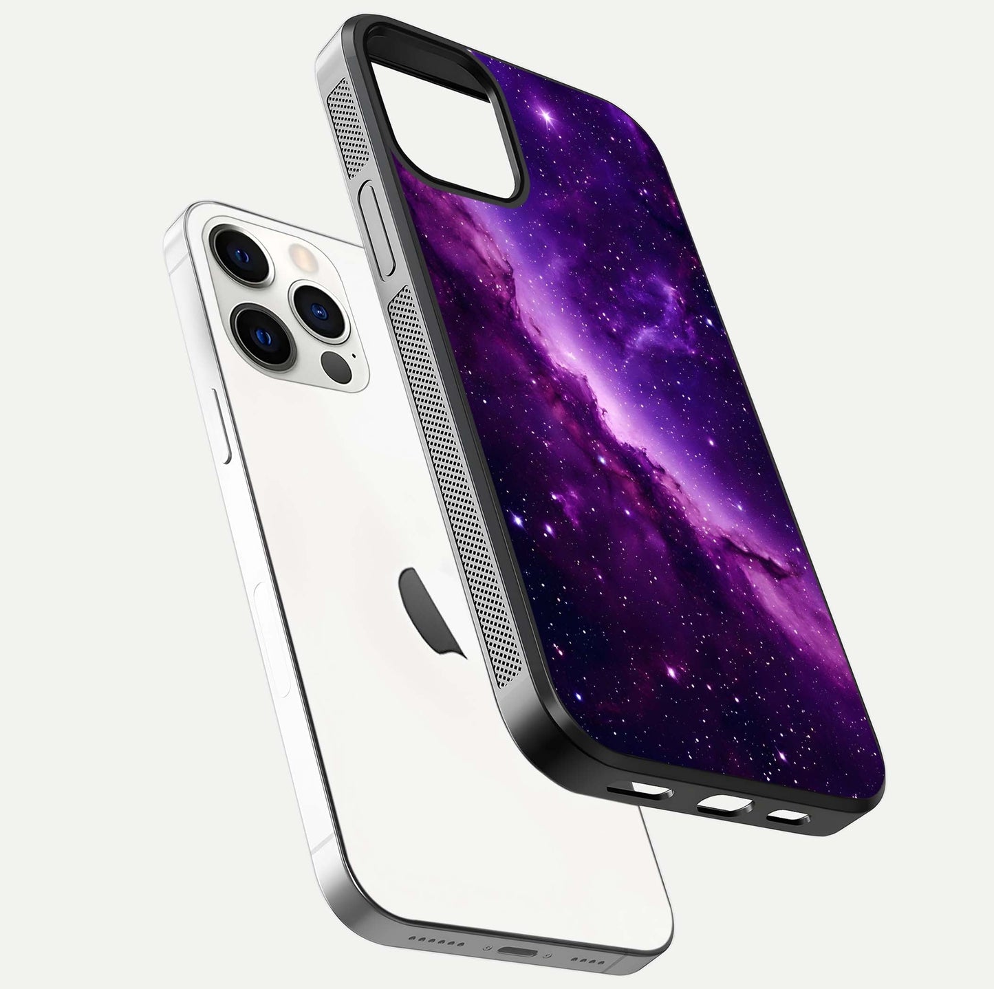 Purple Shade Sky Glass Case for iPhone 12 Pro floating dual-view mockup displaying gloss and sky theme