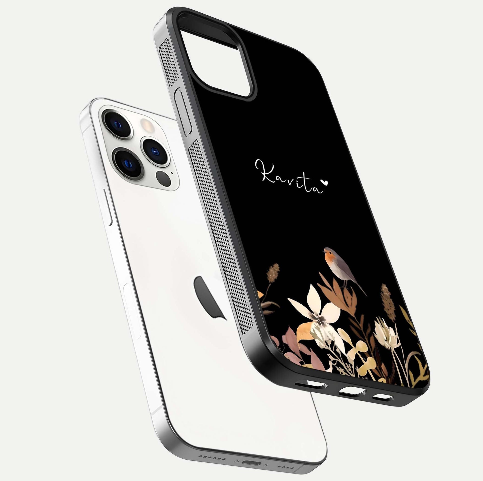 Quiet Garden Tune Custom Name Glass Case for iPhone 12 Pro floating dual-view mockup showing gloss and elegant detail