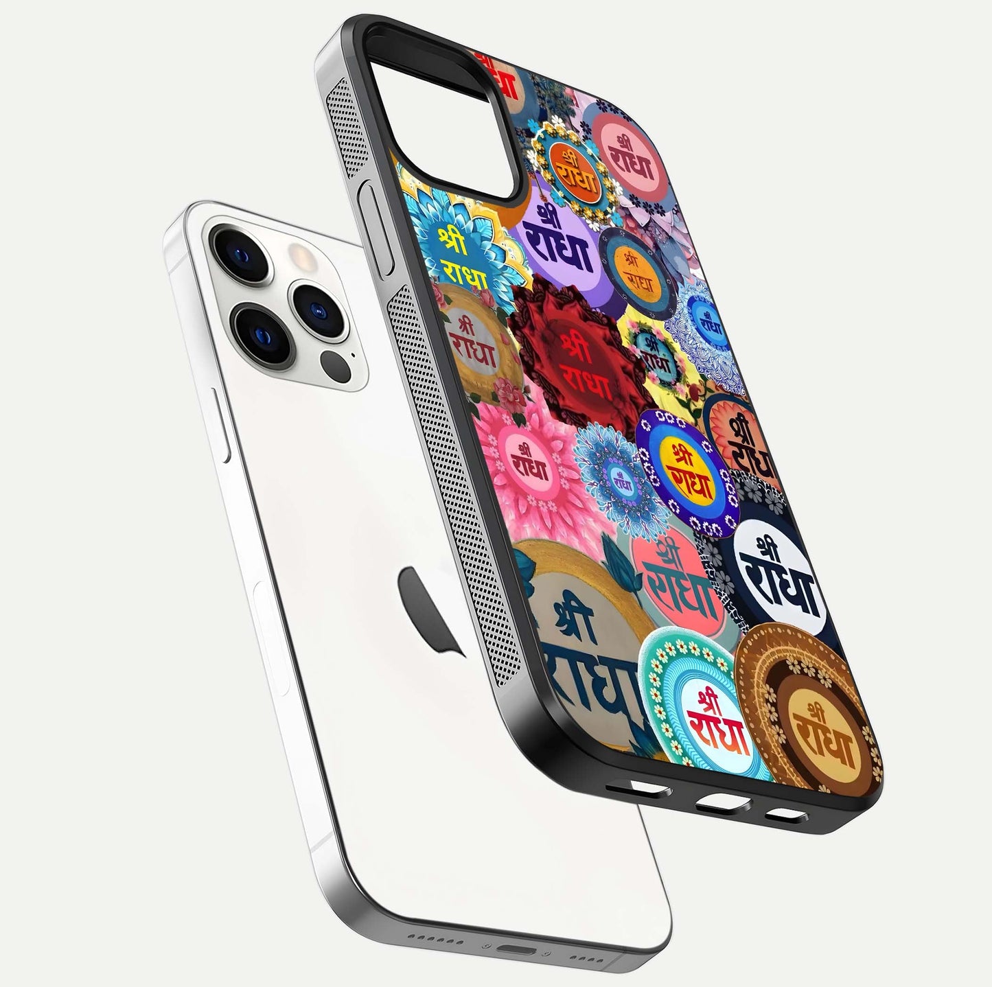 Radha Divine Bloom Glass Case for iPhone 12 Pro floating dual-view mockup showing gloss depth and HD art