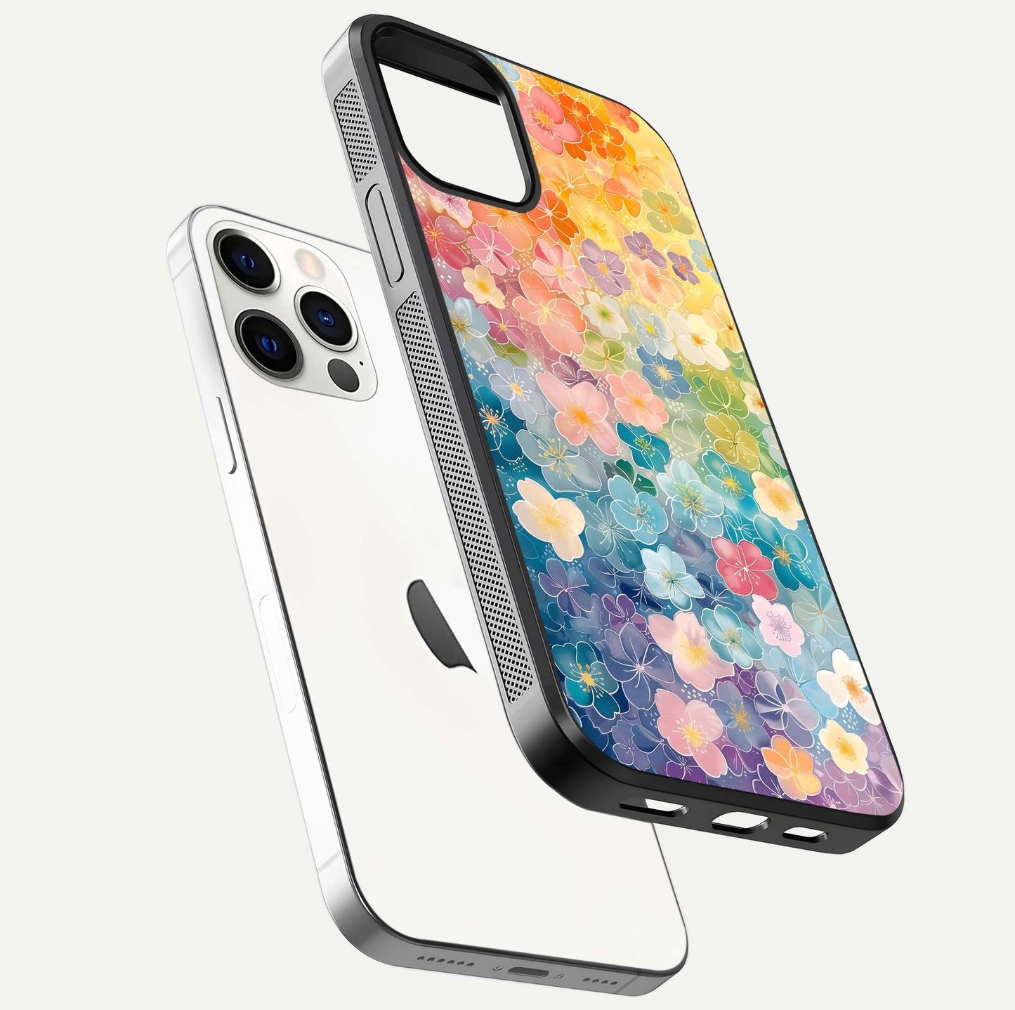 Rainbow Blossom Burst Glass Case for iPhone 12 Pro floating dual-view mockup displaying gloss and gradient pattern